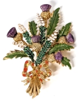 Vintage Signed Reco Scottish Thistle + Heather Cold Painted Enamel Brooch - 2.5" Long
