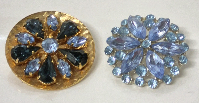 2 Vintage Blue Rhinestone Brooches - 1.5" Diameter