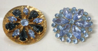 2 Vintage Blue Rhinestone Brooches - 1.5" Diameter
