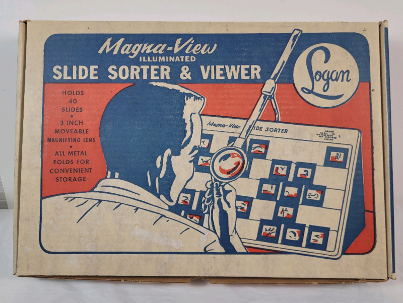Vintage Logan Magna-View Illuminated Slide Sorter & Viewer w/3" Magnifying Lens in Original Box , Model #1050 . Complete , Tested Working