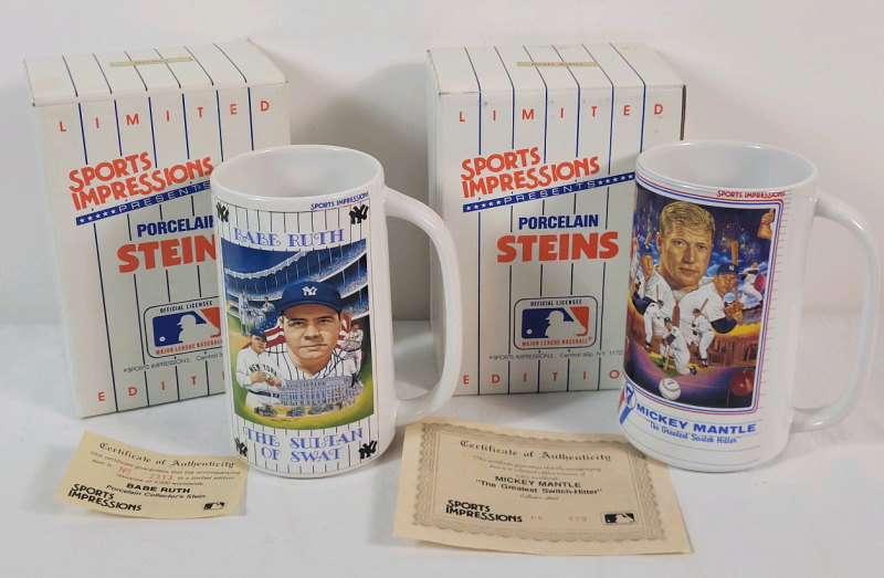 Sports Impressions Babe Ruth & Mickey Mantle Porcelain Steins w/COA . Steins measure 6 &frac14;" tall
