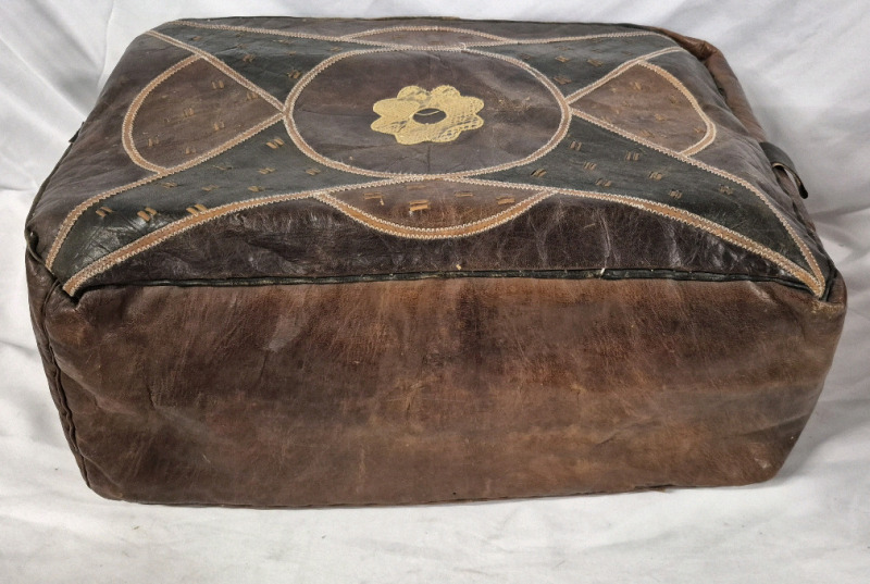 Vintage Leather Pouffe with Design 18" by 12" by 9" H