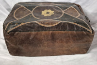 Vintage Leather Pouffe with Design 18" by 12" by 9" H