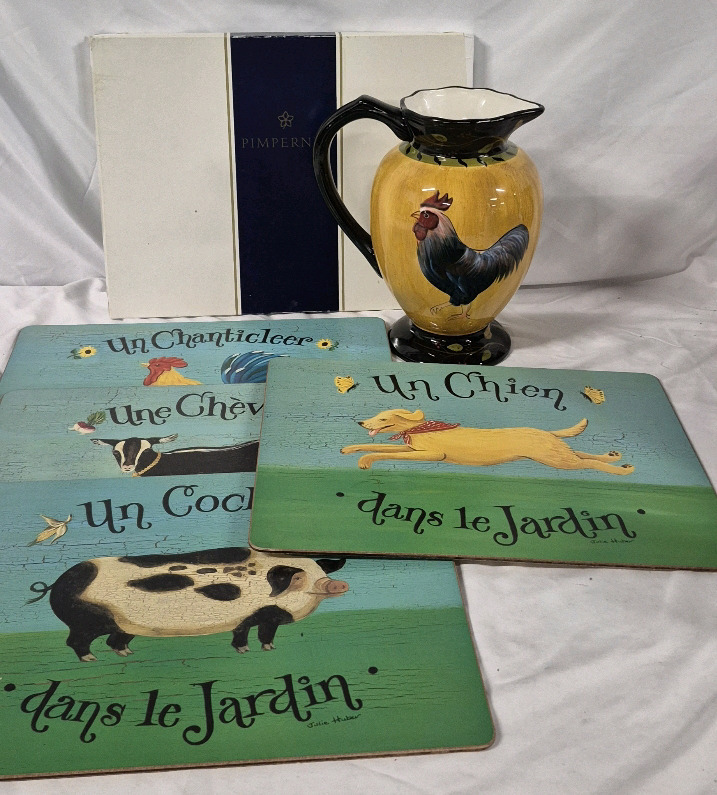 4 Pimpernel Placemats French Animals & Rooster Pitcher 10.75" Tall