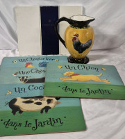 4 Pimpernel Placemats French Animals & Rooster Pitcher 10.75" Tall