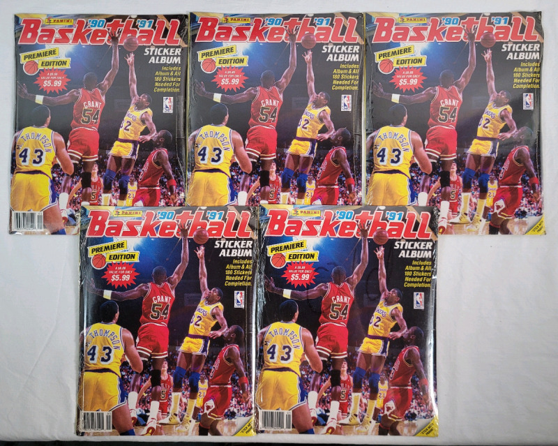 Five (5) 1990 - 1991 Panini NBA Basketball Sticker Album w/Stickers , Premier Edition . All 5 Sealed , Never Opened