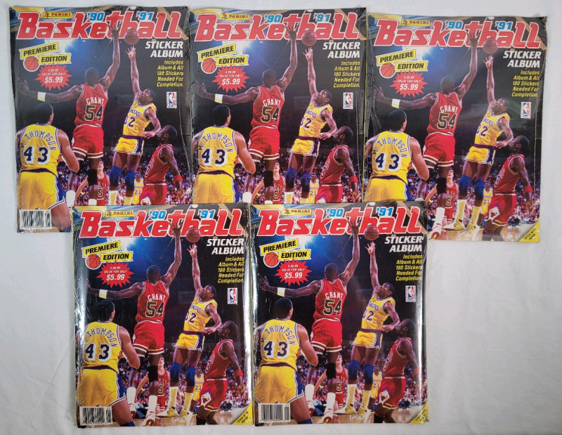 Five (5) 1990 - 1991 Panini NBA Basketball Sticker Album w/Stickers , Premier Edition . All 5 Sealed , Never Opened