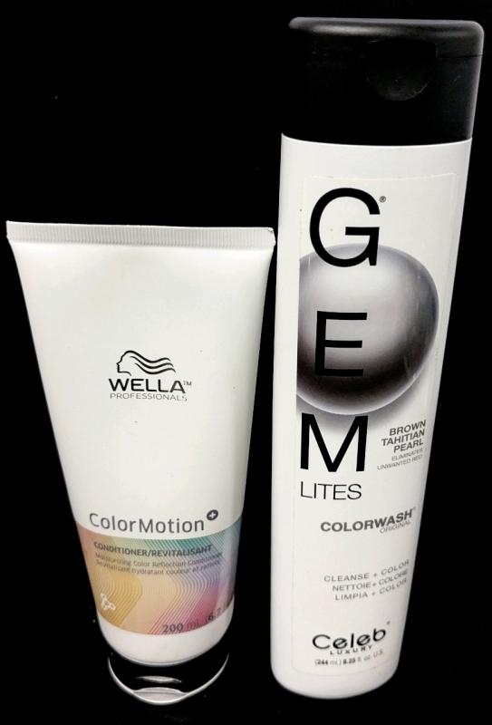 [See Desc] 2 Hair Products: WELLA ColorMotion Conditioner & GEM LITES Brown Tahitian Pearl (Eliminates Reds) ColorWash : Cleanse & Color