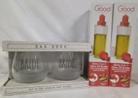 3 New | Kitchen Essentials Lot | Includes 2 Good Cooking Glass Olive Oil Brush Bottles & Set of 2 Rae Dunn "Bride" Stemless Wine Glasses | Largest Measures 3" x 10"