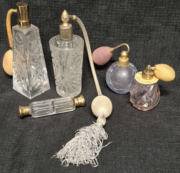 Vintage Double-Ended Scent Bottle & 4 Perfume Bottles with Atomizer - Made in Austria & Japan