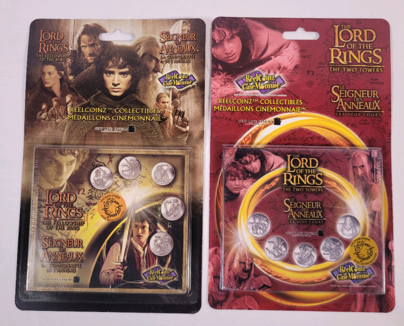 2002 Royal Canadian Mint Lord of the Rings Reel Coinz : TFotR & The Two Towers Medallion Sets , Sealed .