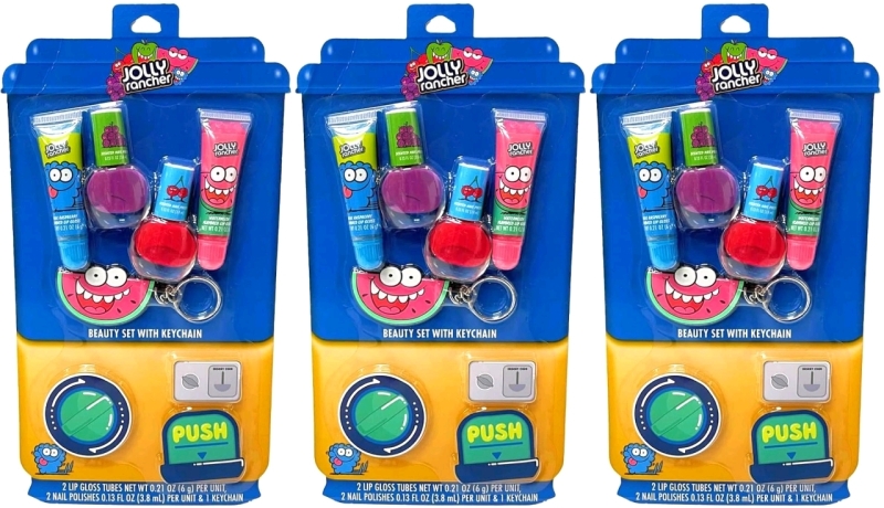3 New Jolly Rancher Beauty Sets : Each with Keychain, 2 Lip Glosses (12g ea) & 2 Nail Polishes (7.6ml)
