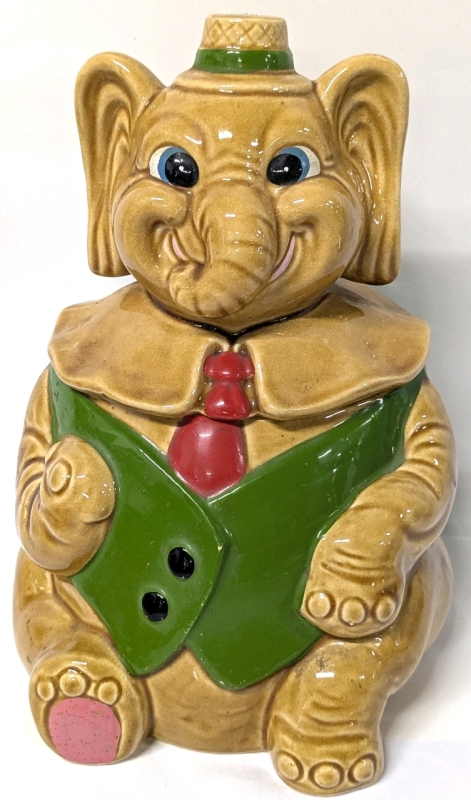 Charming Vintage 1960s-70s Dapper Elephant Ceramic Cookie Jar Made in Japan - 10.25" Tall | No Cracks, Shallow Chips and Flaking to Cold-Painted Details, Crazing Throughout