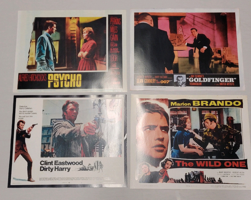 Movie Theater Lobby Card Prints . The Wild One , Goldfinger , Psycho & Dirty Harry . Measure approximately 13.5"&times;11"