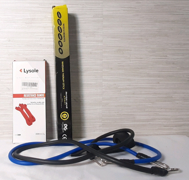 Lot of Indoor Fitness Products | Includes Lysole 2 Pack of Lysole Resistance Bands, Physix Gear Sport Massage Therapy Stick & Blue Resistance Band Set