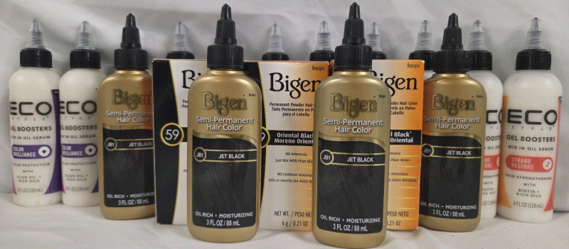 18 New | Assorted Hair Care Products | Includes 118ml Bottles of ECO Gel Boosters, 88ml Bottles of Bigen semi permanent hair color & More