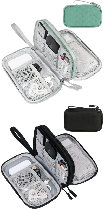 2 As-New FYY Travel Cable Organizer Pouches / Electronic Accessories Carry Cases / Portable Waterproof Double Layers All-in-One Storage Bags for Cords, Chargers, Phones - 8.5" &times; 2.75" &times; 5.25" Each