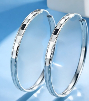 Pair of S925 Sterling Silver Large Hoop Earrings Geometric Faceted Design 1.5 inch Round stamped on slider clasps