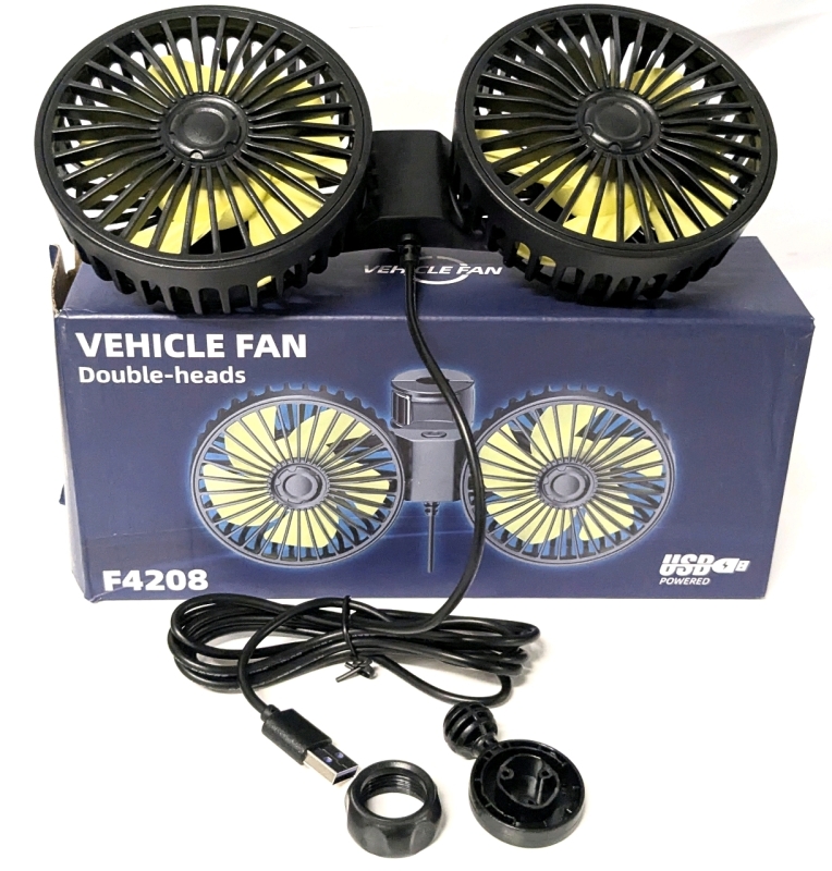 USB-Powered Double-Head Vehicle Fan F4208 - Tested for Power, Broken Headrest Attachment Point