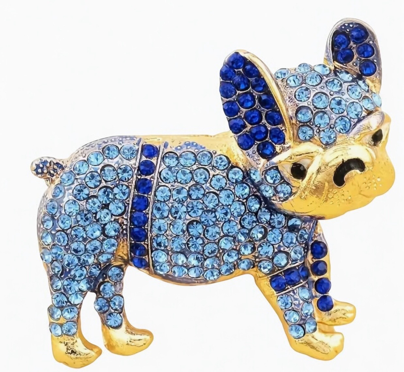 French Bull Dog Betsey Johnson Tagged Brooch Shades of Blue Rhinestones Approximately 2 x 2 Inch. Back Bale