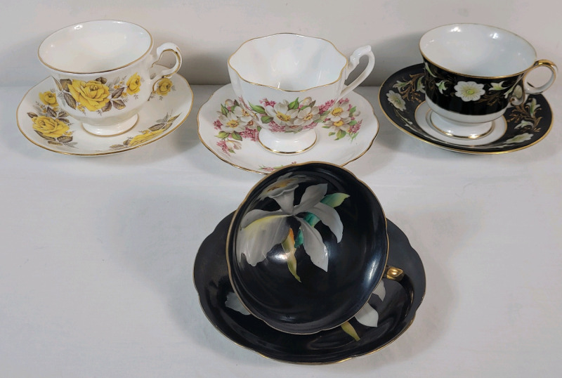Four (4) Sets Cups & Saucers . All Cups and Saucers Ring True . Shafford , Queen Anne &times;2 & Japan