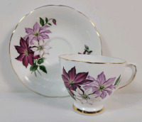 Vintage Delphine " Purple & White Clematis Flowers " Cup and Saucer . Rings True
