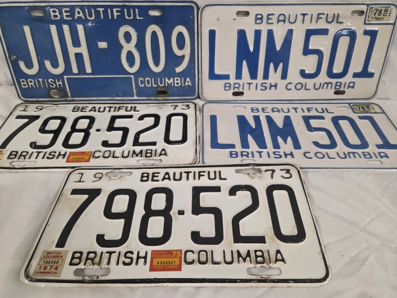 5 Vintage 1970's British Columbia License Plates
