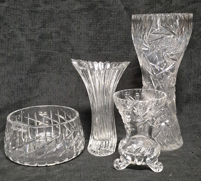 4 Vintage Crystal Vases & Bowl - Tallest 12"
