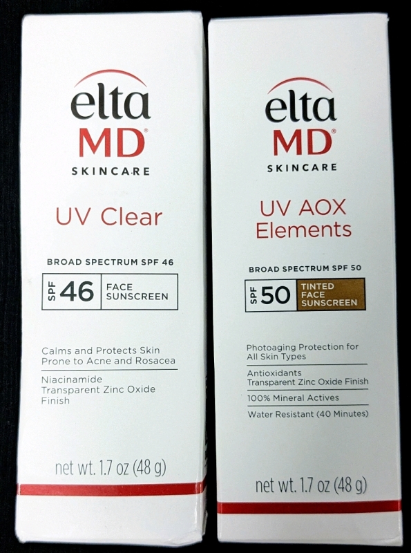 [See Desc] 2 As-New ELTA MD Broad Spectrum Face Sunscreens : UV Clear SPF 46 & UV AOX Elements Tinted SPF 50