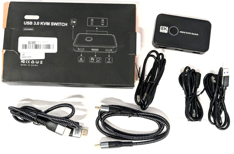 As-New in Box | 2-Port 8K Ultra HD HDMI KVM Switch with 2&times; HDMI Cables, 2&times; USB-A to USB-A Cables & 1&times; USB-A to USB-C Cable