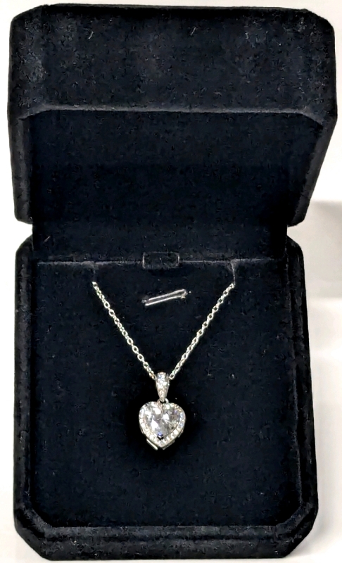 New 925S 2.0ct Heart Cut Simulated Diamond Halo Necklace, Adjustable 16" to 18" Long - Mounted in 925 Sterling Silver with White Gold Overlay