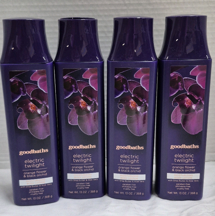 4 New Goodbaths Electric Twilight Body Lotion 368g Orange Flower & Black Orchid, and Aloe Vera & Shea Butter