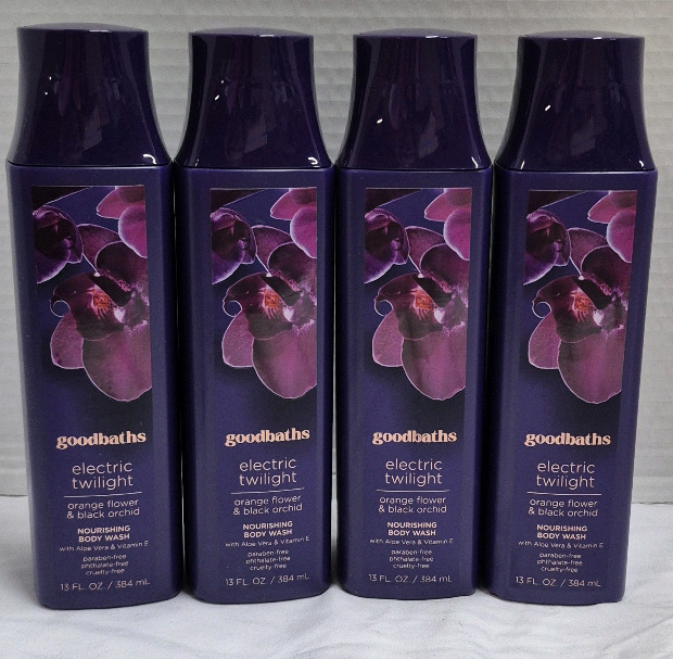 4 New Goodbaths Electric Twilight Body Wash 384mL Orange Flower & Black Orchid, and Aloe Vera & Vitamin E