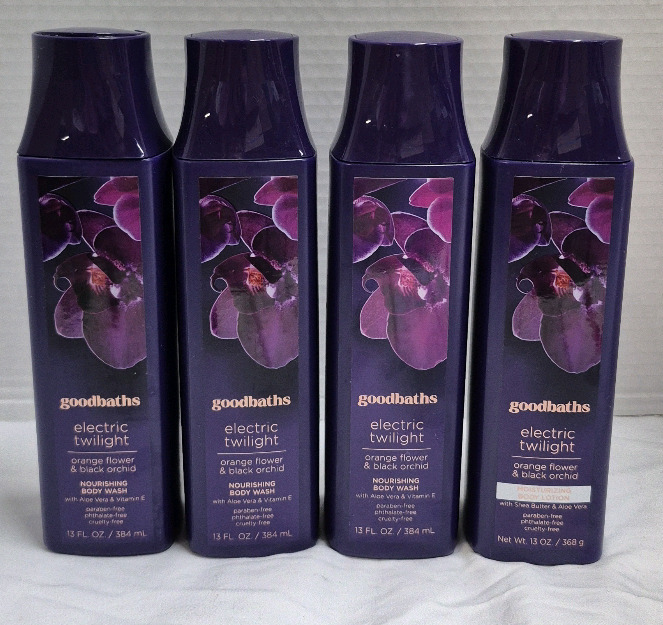 4 New Goodbaths Electric Twilight Body Wash & Lotion 384 & 368mL Orange Flower & Black Orchid