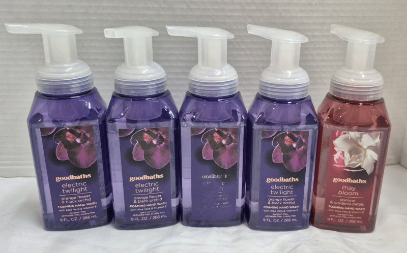 5 New Goodbaths Electric Twilight & May Bloom Foaming Hand Wash 266mL - Orange Flower & Black Orchid and Jadmine & Gardenia Petals