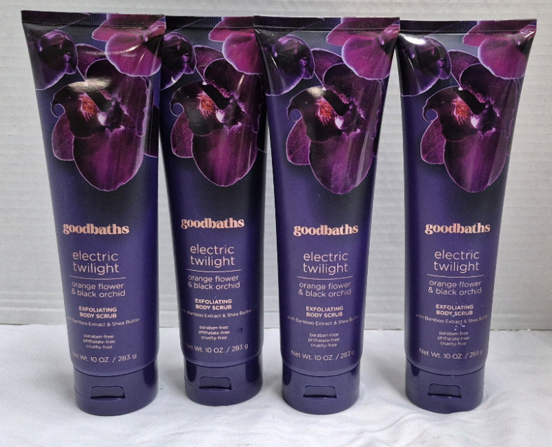4 New Goodbaths Electric Twilight Exfoliating Body Scrub 283g Orange Flower & Black Orchid, Shea Butter and Bamboo Extract
