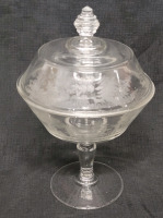 Vintage ' Hunting Scene ' Glass Compote Pedestal Bowl w/Lid . Measures 12" tall . No visible chips or cracks