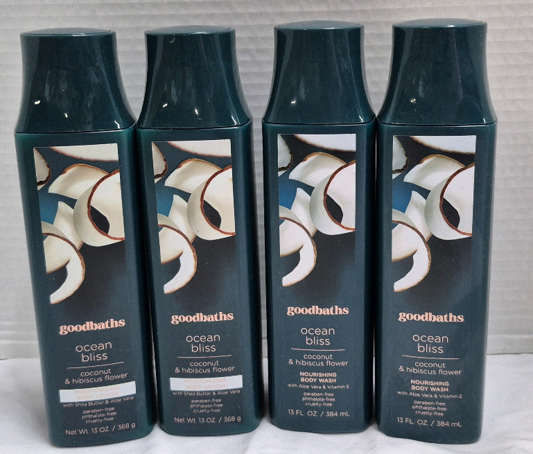 4 New Goodbaths Ocean Bliss Body Wash 384mL & Body Lotion 368g Coconut and Hibiscus Flower, Aloe Vera, Shea Butter and Vitamin E