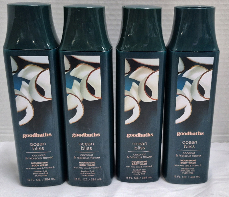 4 New Goodbaths Ocean Bliss Body Wash 384mL Coconut and Hibiscus Flower, Aloe Vera and Vitamin E