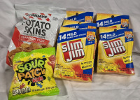7 New Yummy Snacks/Treats - Sour Patch Kids 102g, Slim Jim's 111g BB July 8 2025 & Chips 92.1g