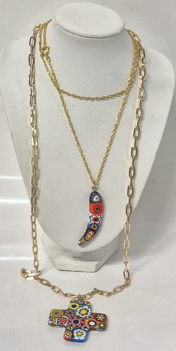2 Vintage Murano Style Millefiori Horn of Plenty & Cross Necklaces