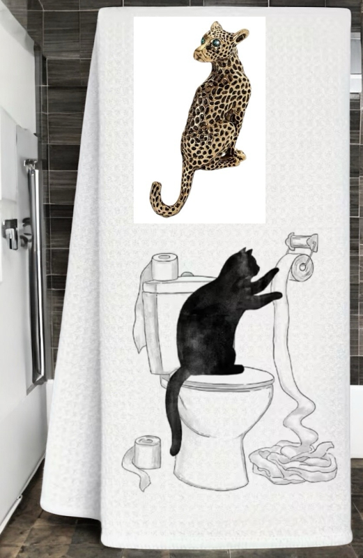 Humorous Cat Themed Approximately 16 x 24 inch Hand Towel Stylish Vintage Leopard Brooch with Green Gemstone Eyes approx 1.9 x 1 inch Stock photo added