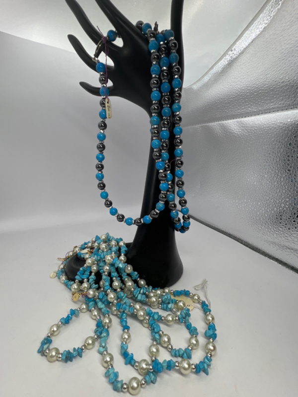 Six Turquoise Vintage Necklaces and Three Hematite blue stones