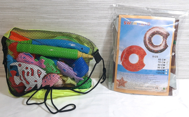 New Bag of Plastic Pool Toys & Inflatable Donut Swim Ring