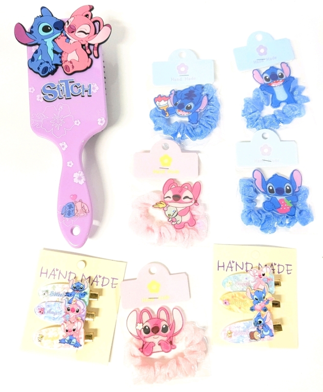 New STITCH Love Hair Care : Full-Size Paddle Hairbrush, 5 Scrunchies & 6 Iridescent Hair Clips