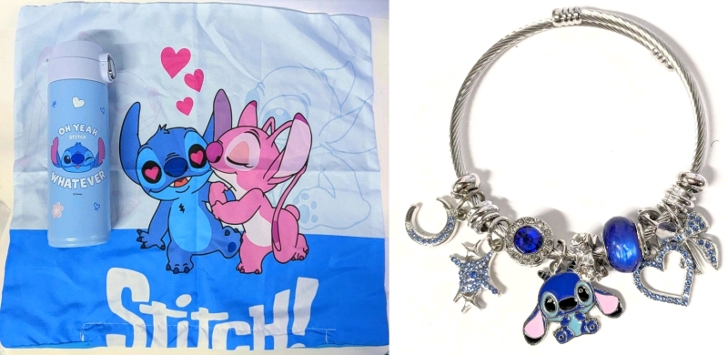 New STITCH Love: Adorable Open-Cuff Charm Bracelet (2.25" Diameter at Rest), Miniso Disney Stitch 420ml Water Bottle & Stitch + Angel Throw Pillow Case (17" &times; 15.5")