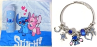 New STITCH Love: Adorable Open-Cuff Charm Bracelet (2.25" Diameter at Rest), Miniso Disney Stitch 420ml Water Bottle & Stitch + Angel Throw Pillow Case (17" &times; 15.5")