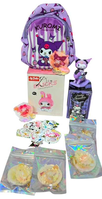 New KUROMI & MY MELODY Love : Puzzle Bricks Toys, 2 Figures (1 in Box), Mini Kuromi Backpack, 25+ Stickers & 6 Acrylic Standees 2.5" Tall