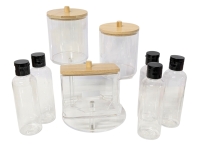 New 3pc Clear Plastic Bathroom Organizers with Bamboo Lids (Includes Q-Tip Dispenser) & 5&times; 100ml Squeezable Travel Toiletries Bottles