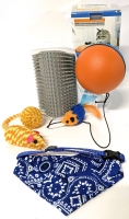 2 New Cat Toys (Battery Powered Wobble Ball w Attached Mouse & Springy Mouse w Rattle Ball Tail), Corner Self-Scratcher & Blue Paisley Bandana Collar